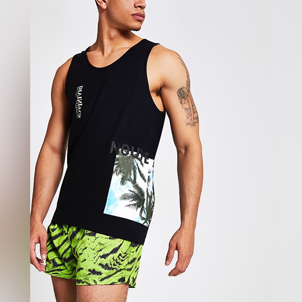 River Island Mens Black Graphic Print Slim Fit Tank Tops